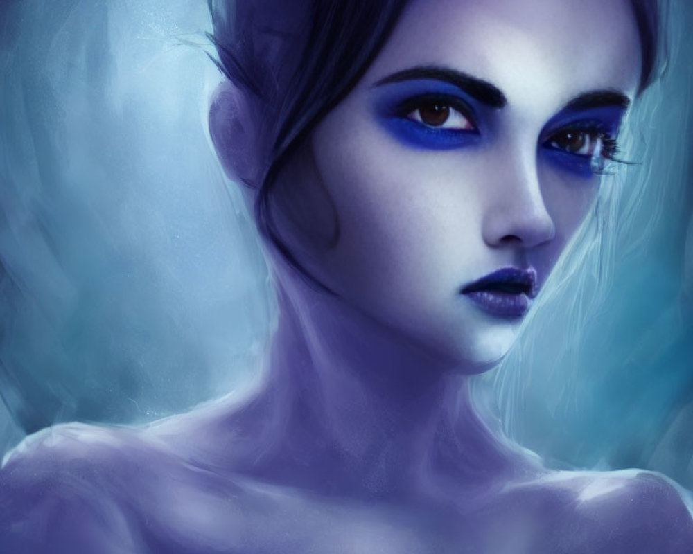 Digital portrait featuring female with piercing blue eyes, violet lips, and cool-toned skin on abstract blue