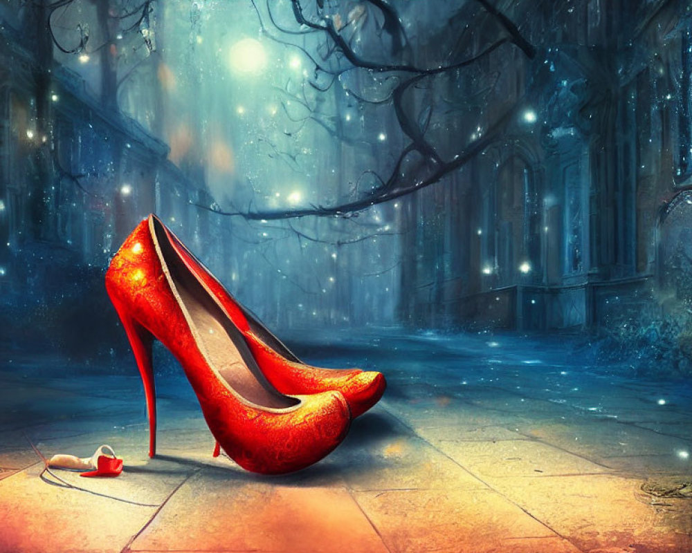 Red high heels on mystical cobblestone street with glowing particles