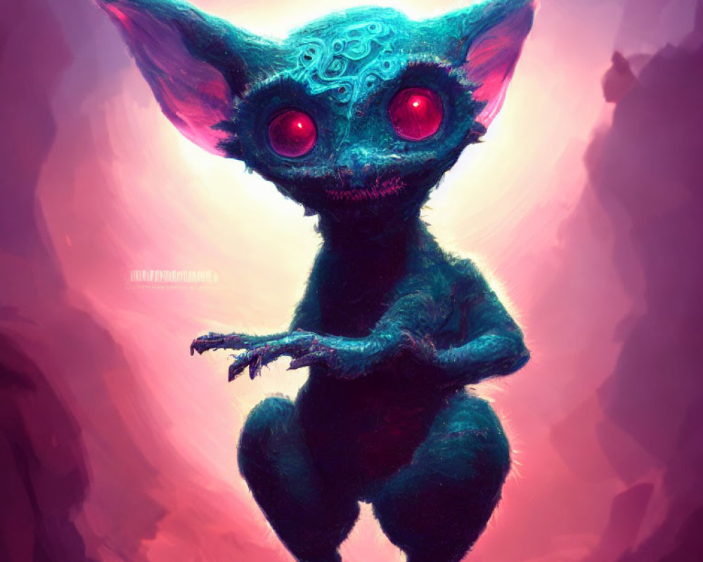 Mystical creature with large ears, red eyes, and blue skin in pink-hued setting