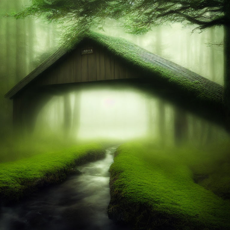 Moss-Covered Hut in Green Forest by Small Stream