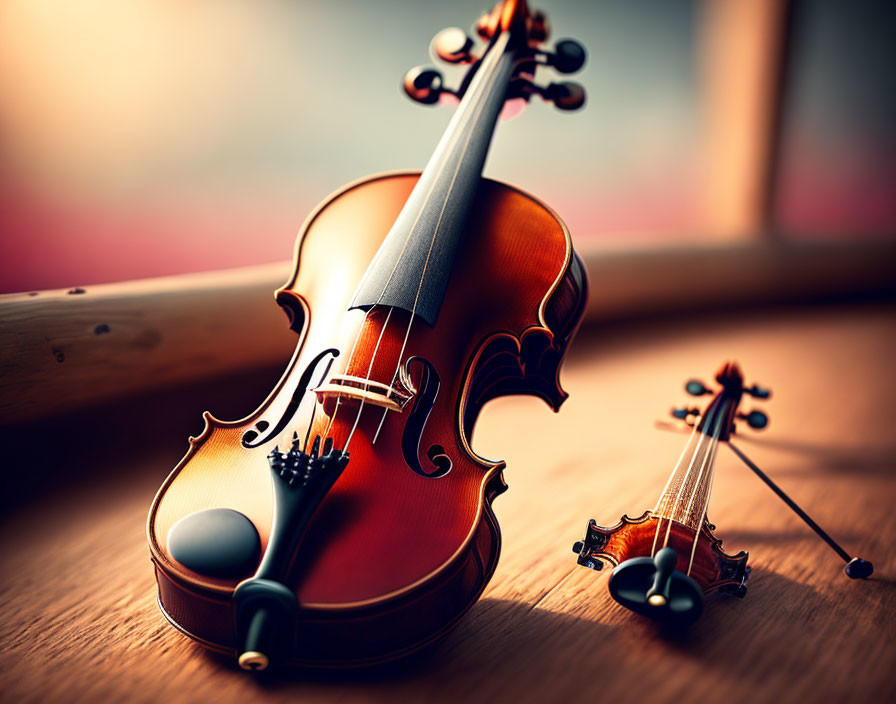 Full-sized violin with miniature replica in warm light