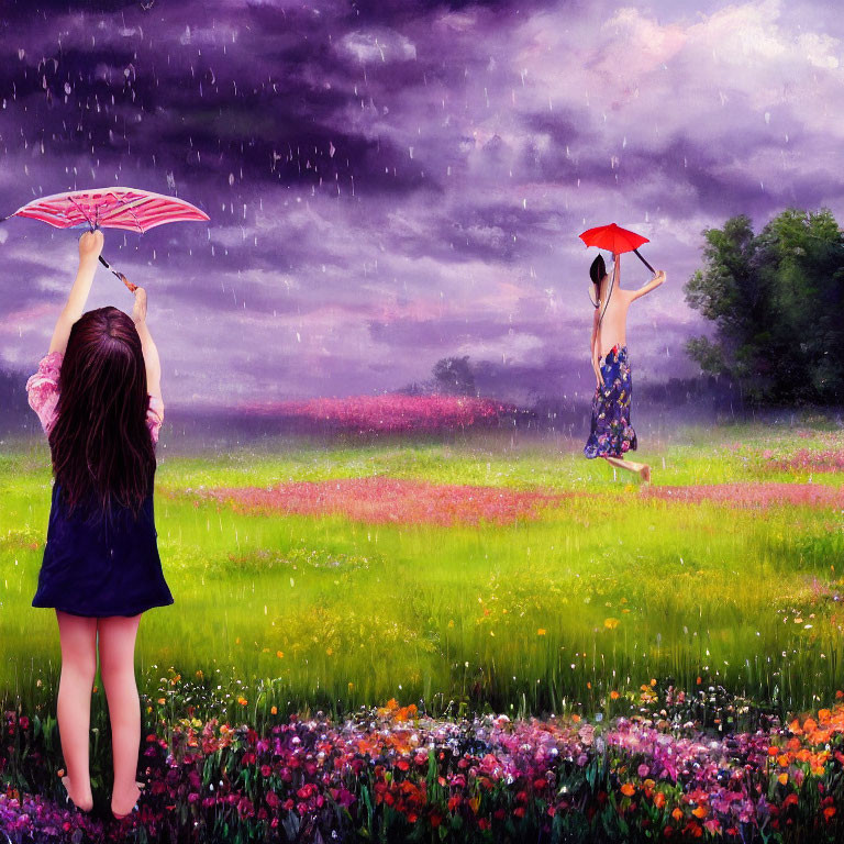 Vibrant digital artwork: Two girls with umbrellas in colorful flower field under purple sky