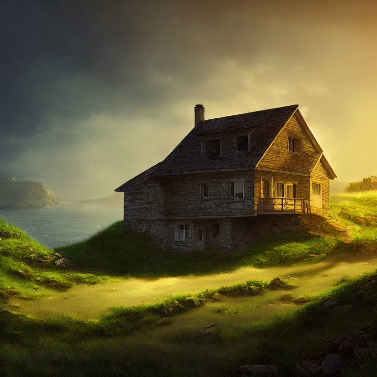 Two-story wooden house on grassy hillside with stormy sky and sea view