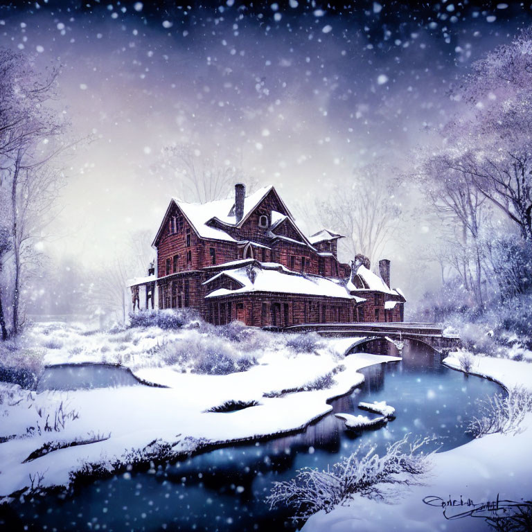 Snowy winter landscape with brick house, chimneys, trees, bridge, and falling snow.