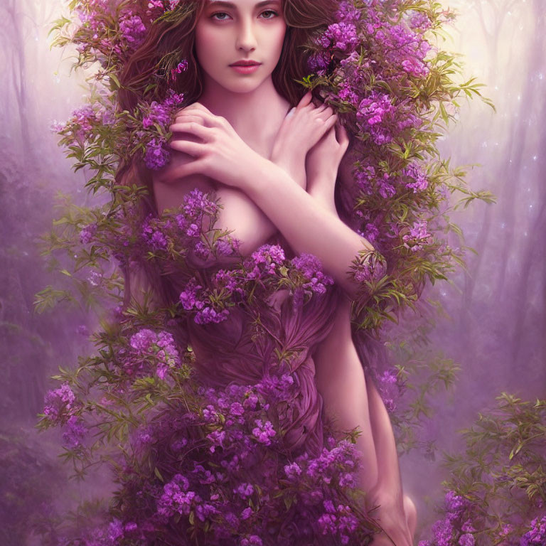 Illustrated woman in purple flowers and greenery, mystical forest background