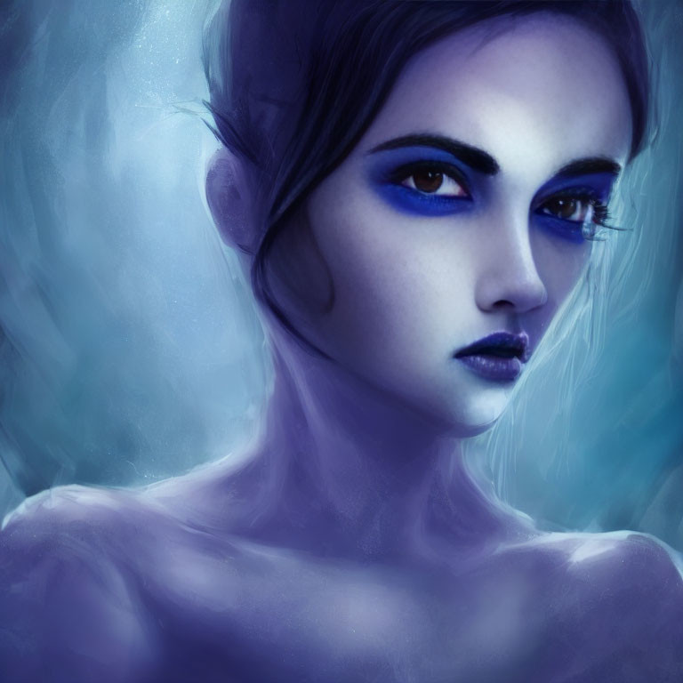 Digital portrait featuring female with piercing blue eyes, violet lips, and cool-toned skin on abstract blue