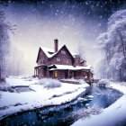 Snowy winter landscape with brick house, chimneys, trees, bridge, and falling snow.