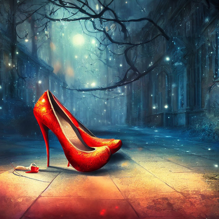 Red high heels on mystical cobblestone street with glowing particles