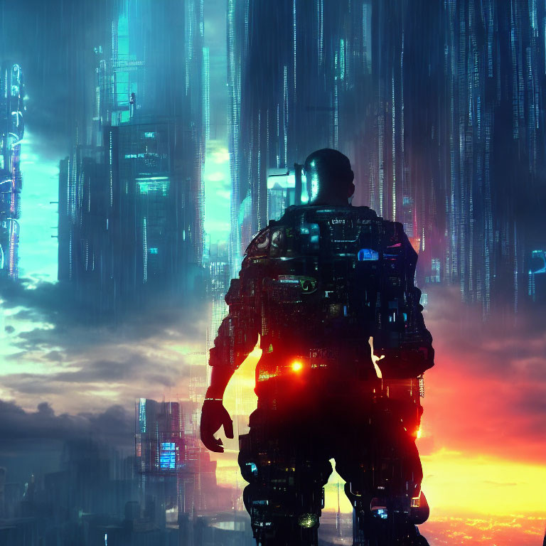 Silhouetted futuristic soldier in cyberpunk cityscape at twilight