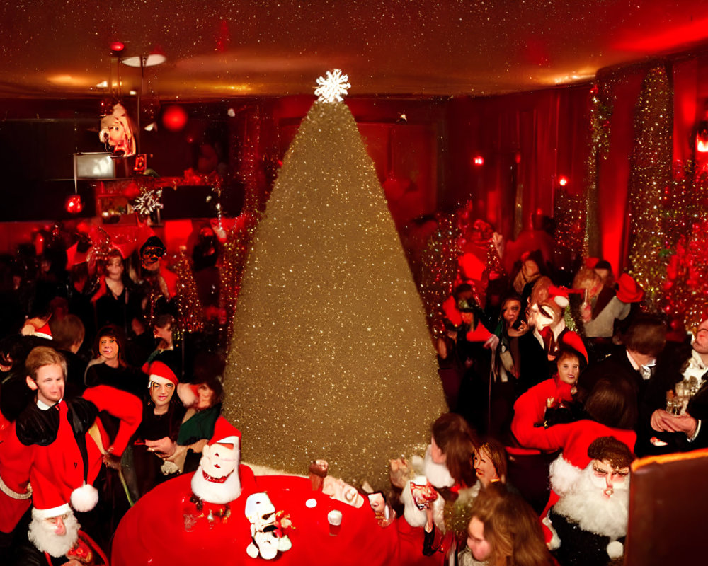 Festive crowd in Santa hats at Christmas party with large tree