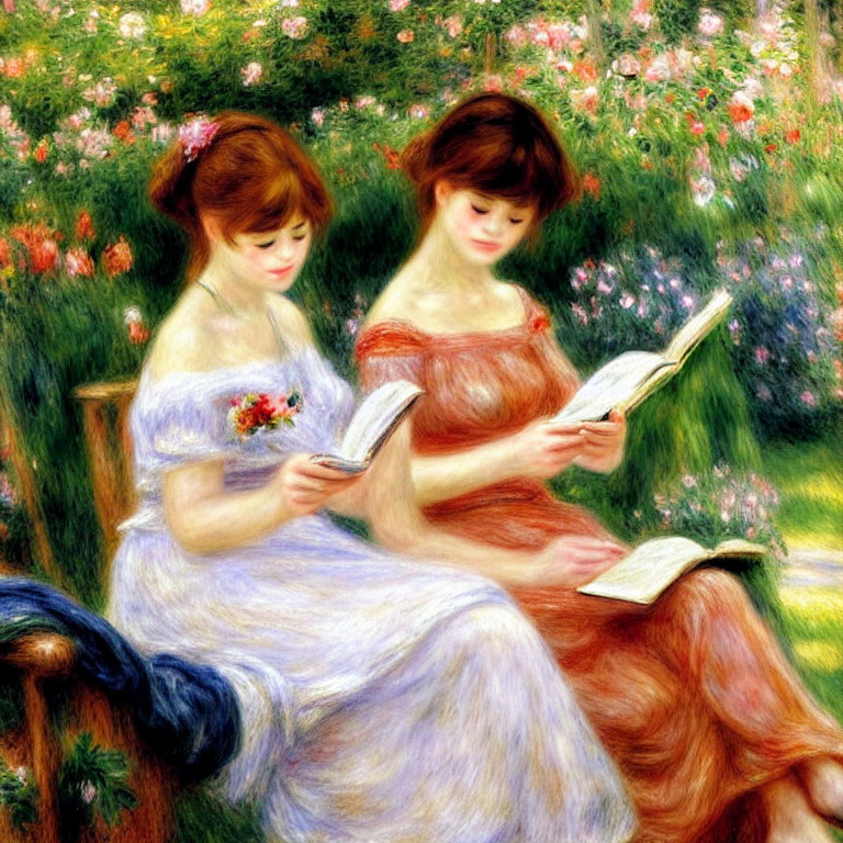 Two women in flowing dresses reading books in a garden full of vibrant flowers