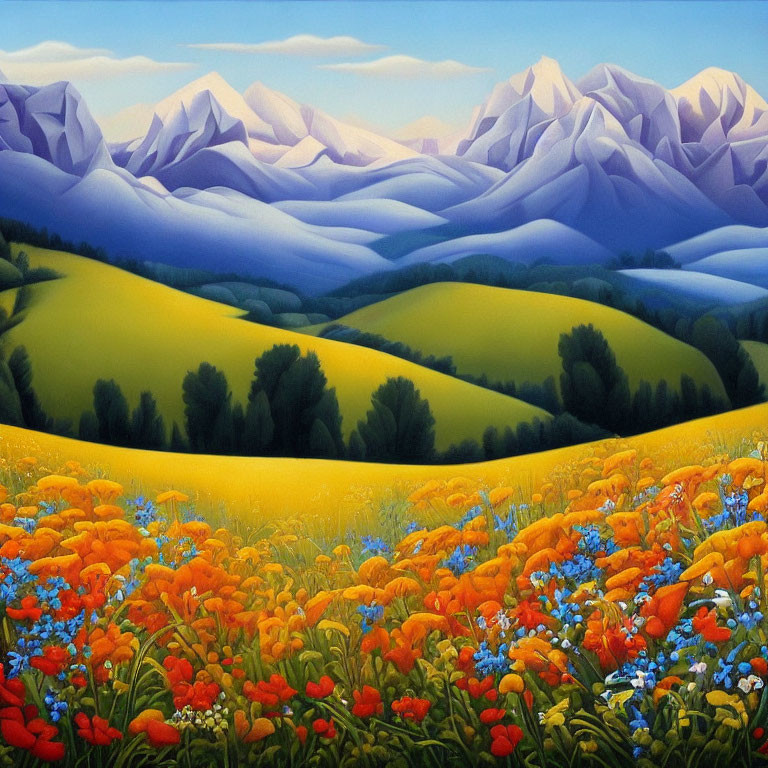 Colorful painting of yellow fields, wildflowers, and blue mountains