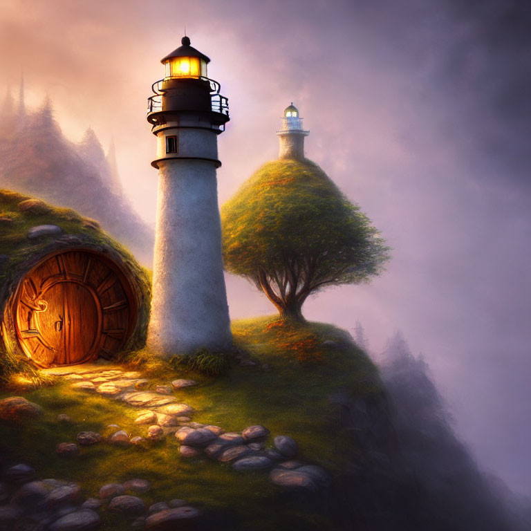 Whimsical illuminated lighthouse on grassy hill with mist