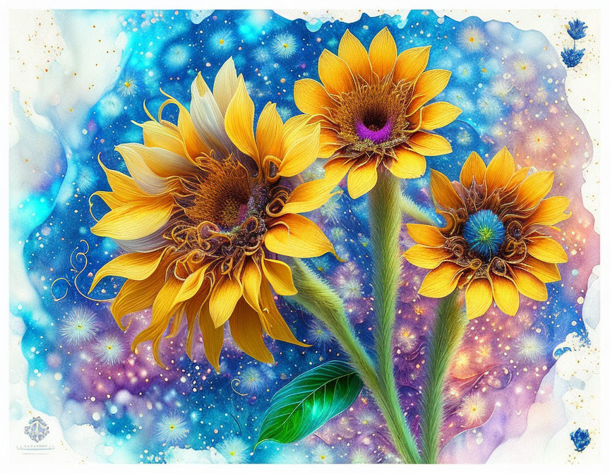 Vibrant sunflower artwork with cosmic backdrop and stars