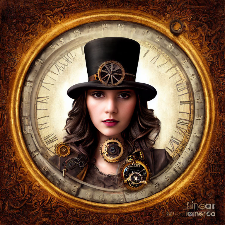 Steampunk-themed woman with top hat and cogwheel accessories on vintage clock face background