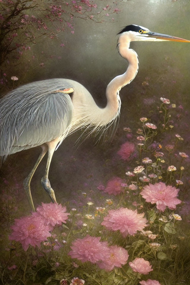 Great Blue Heron in Pink Blooming Flowers and Forest Background