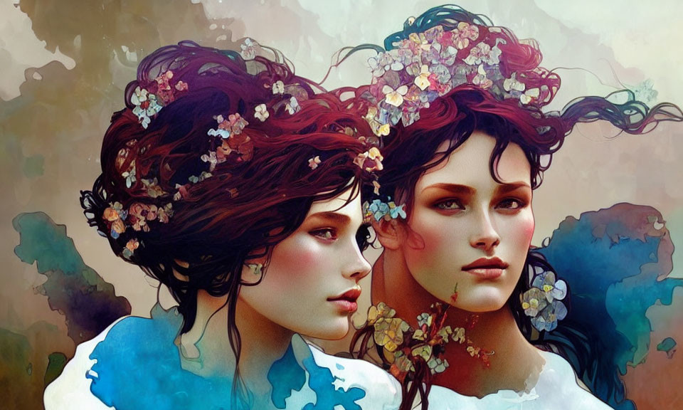 Illustrated female figures with floral hair in serene profile against pastel backdrop