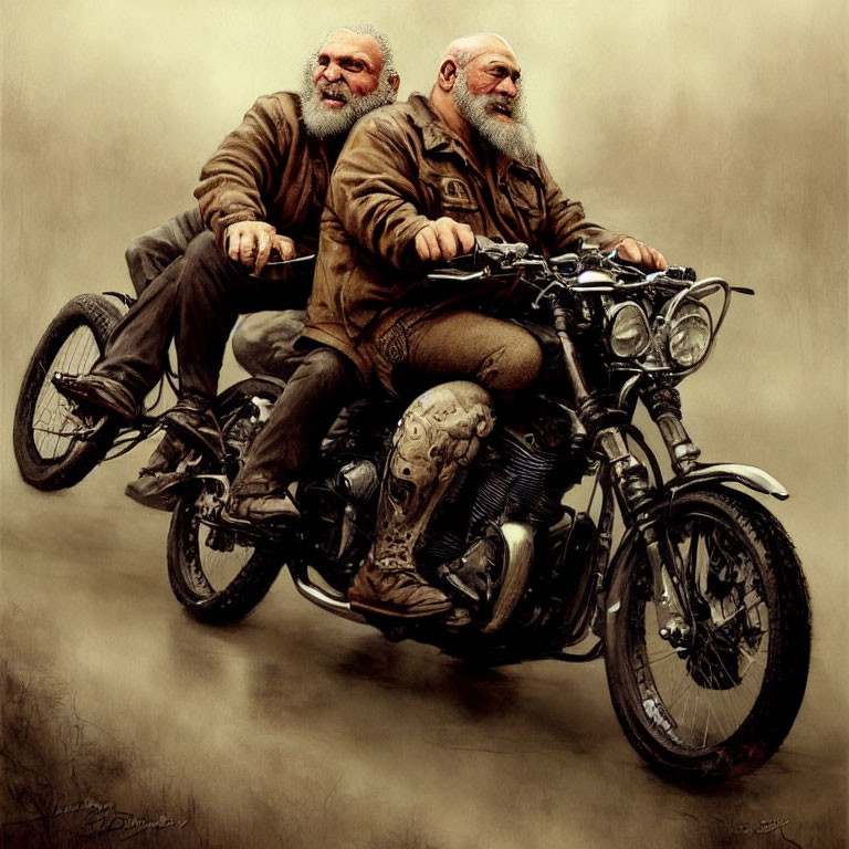 Elderly men on classic motorcycles in leather jackets