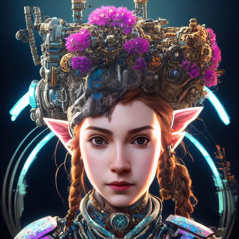 Digital artwork: Female figure with elfin features, mechanical headgear, pink flowers, futuristic collar,