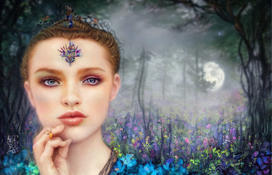 Woman with Ornate Forehead Jewel in Vibrant Forest Scene