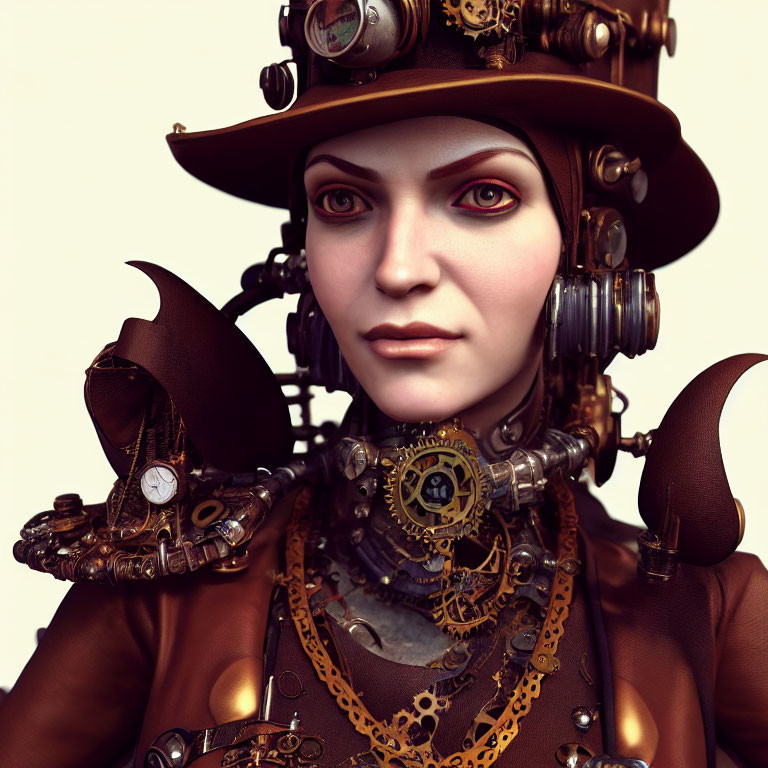 Steampunk-themed 3D-rendered female figure in high-collared coat and gear accessories