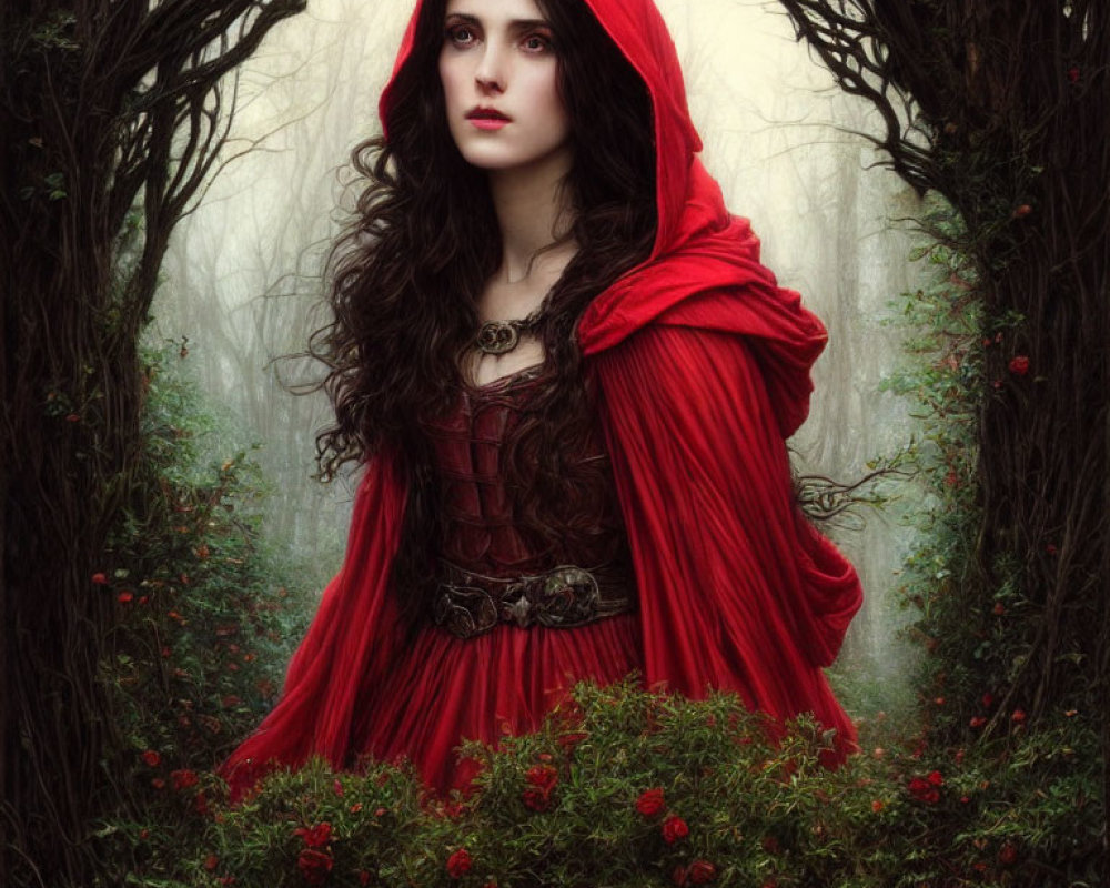 Mysterious woman in red hooded cloak in misty forest landscape