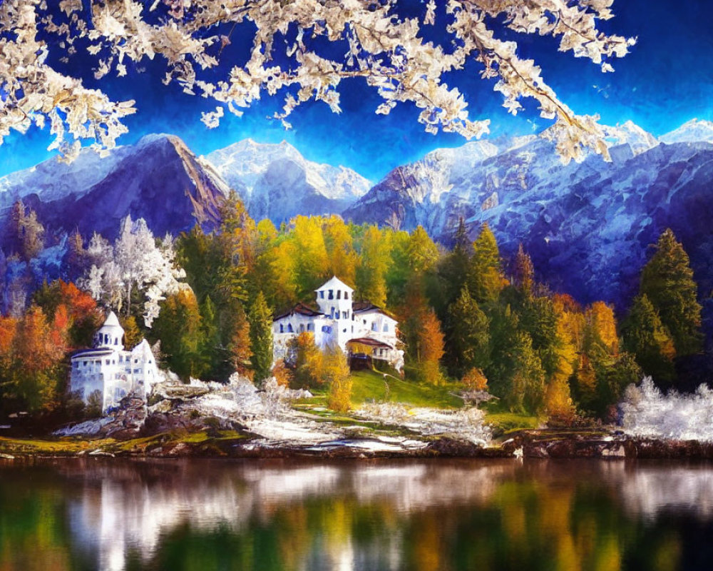 Serene lake and vibrant autumn scenery with quaint buildings.