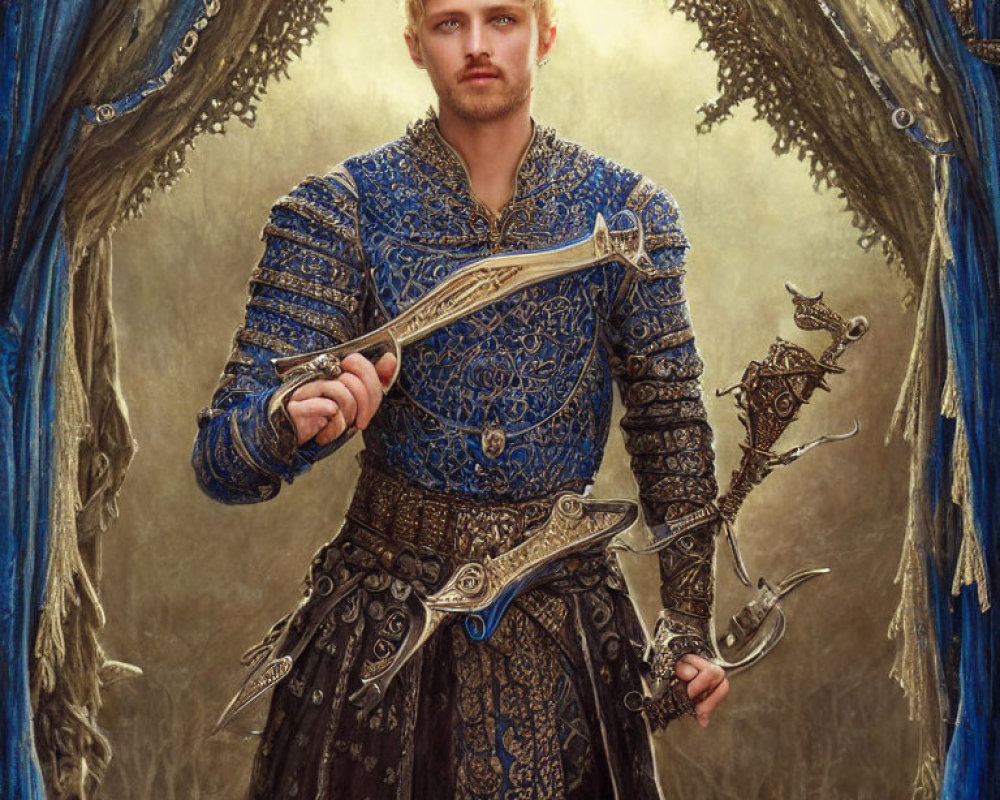 Regal figure in blue armor with sword before ornate archway