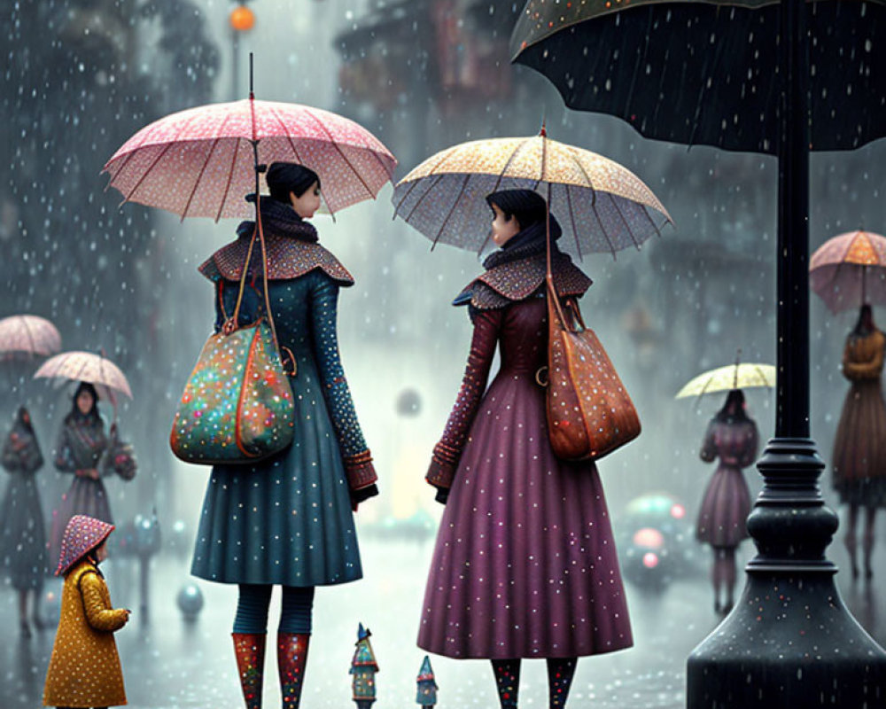 Stylized women with umbrellas in rainy scene surrounded by smaller figures