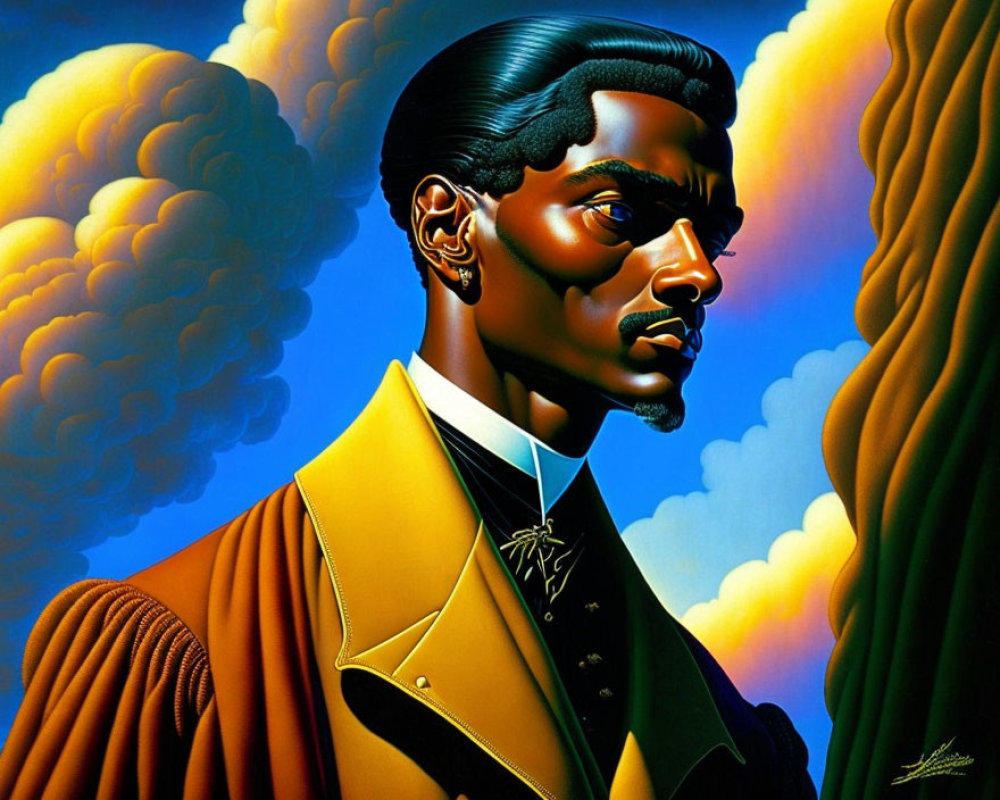 Stylized portrait of man with unique hairstyle in yellow and black jacket against colorful sky