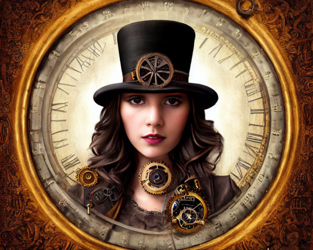 Steampunk-themed woman with top hat and cogwheel accessories on vintage clock face background