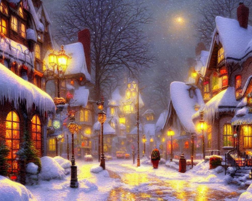 Snow-covered street with old-fashioned lamps and charming houses on a cozy winter evening