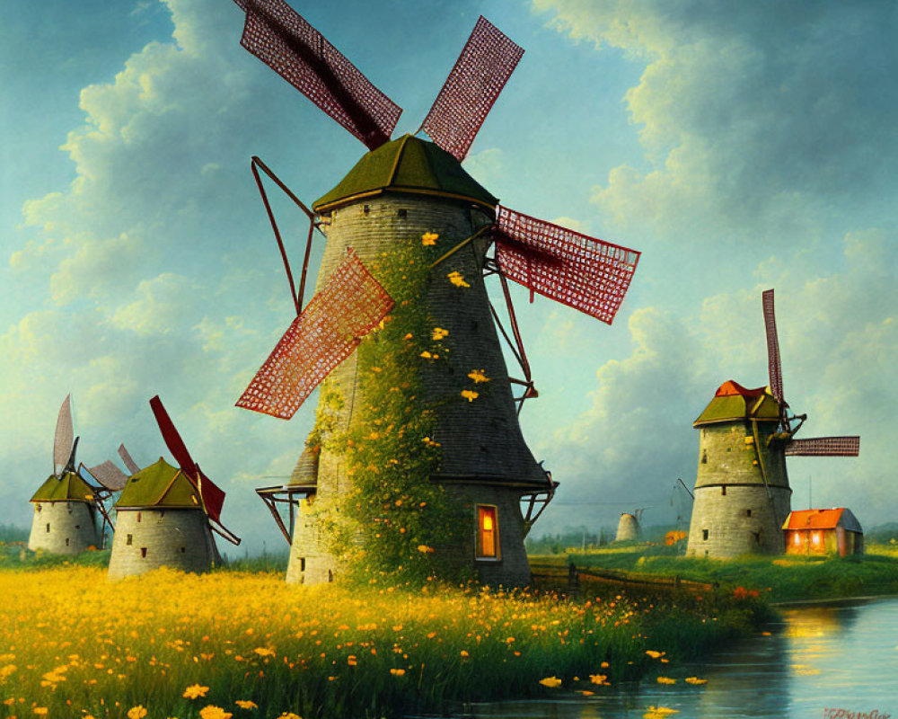 Rustic windmills by river in lush greenery at dawn or dusk