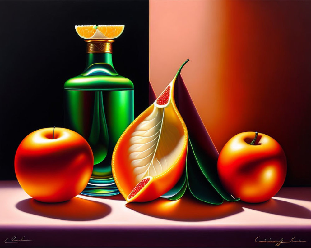 Colorful still life painting with stylized fruits on dual-hued backdrop