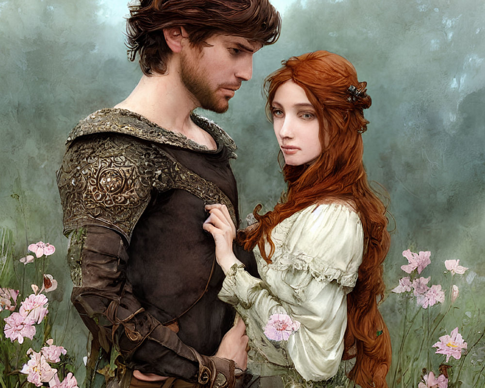 Digital Artwork: Romantic Medieval Couple Embracing in Forest Clearing