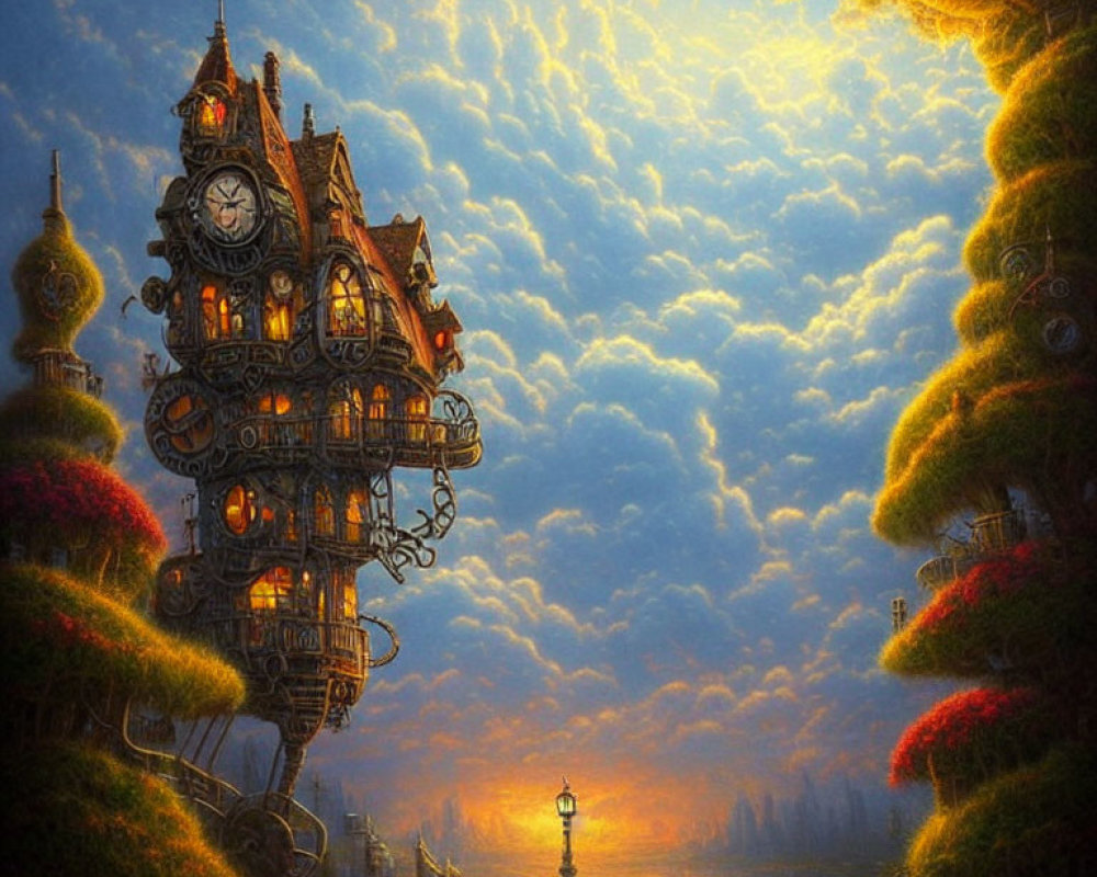 Ethereal fantasy landscape with clock tower house, vibrant clouds, greenery, and solitary figure