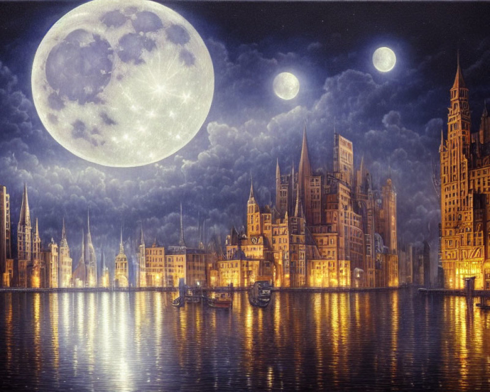 Detailed Night Cityscape with Three Moons and Gothic Buildings
