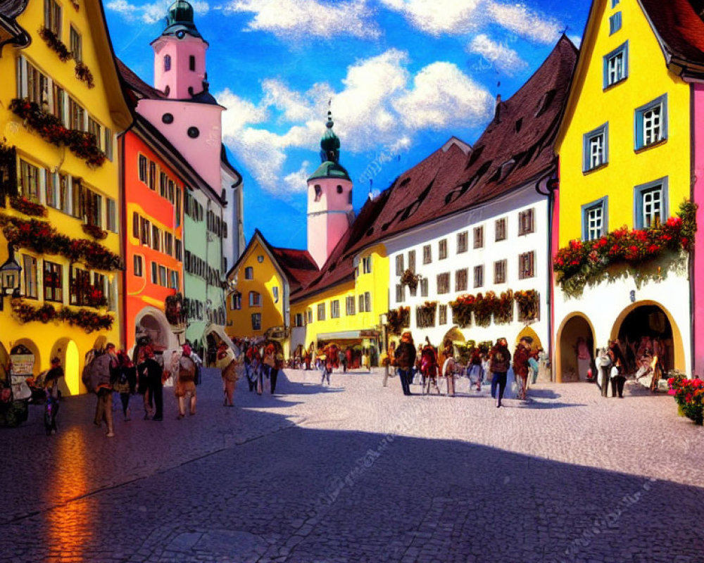 Colorful Street Scene with People and Flowers Under Blue Sky