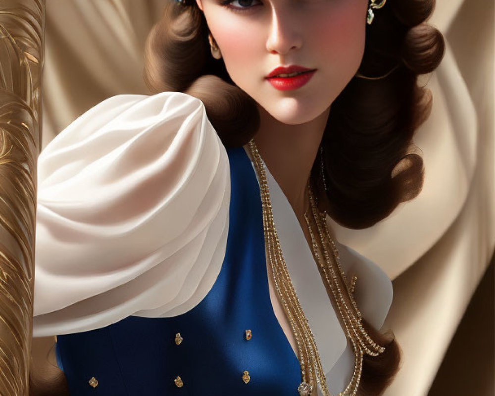 1940s hairstyle woman in blue dress with gold details