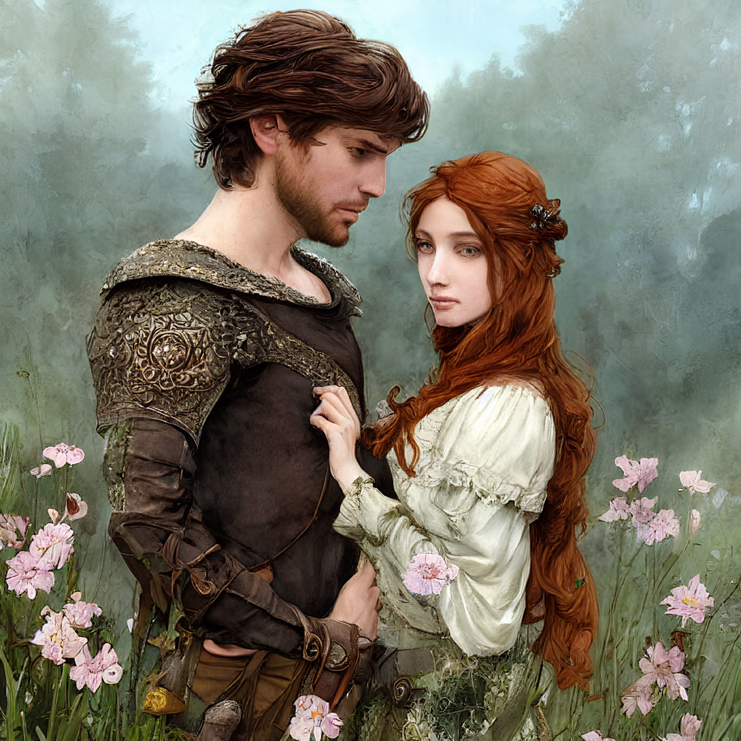 Digital Artwork: Romantic Medieval Couple Embracing in Forest Clearing