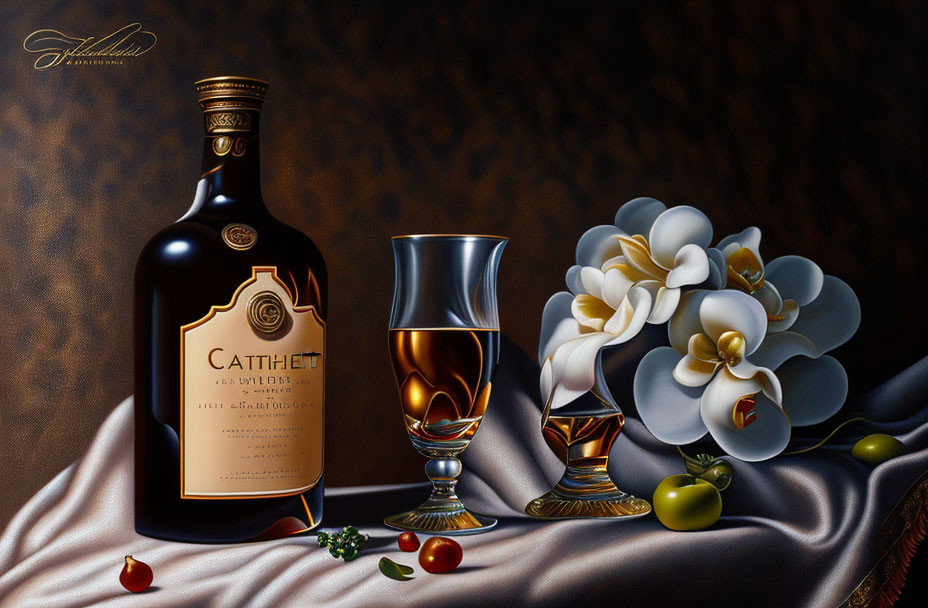 Still life image with Cathithe cognac bottle, glasses, olives, tomatoes, and orchid