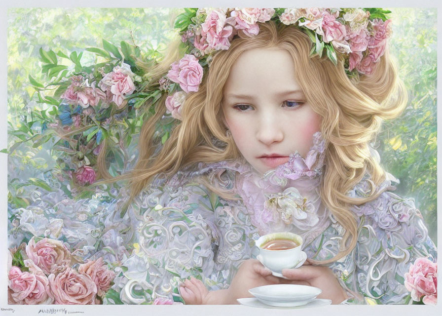 Girl with Floral Headdress Holding Teacup in Pastel Rose Setting