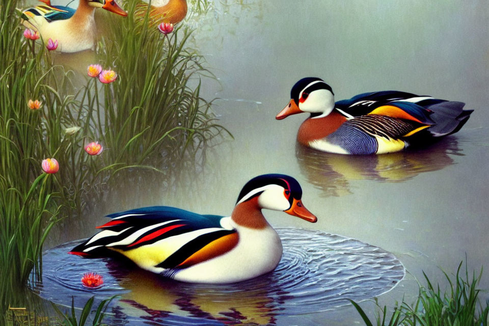 Vibrant mandarin ducks in serene pond with greenery and water lilies