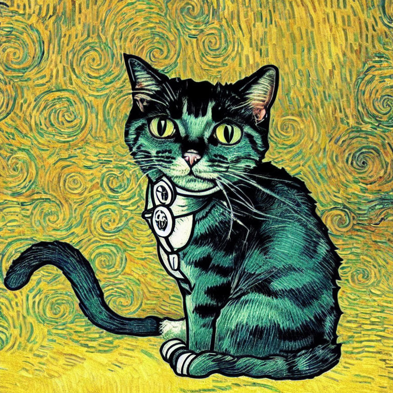 Black and Green Striped Cat in Van Gogh-style Yellow Swirl Background