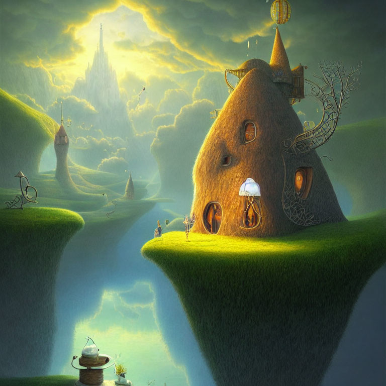 Fantasy landscape with floating islands, hat-shaped house, towers, swing, radiant sky