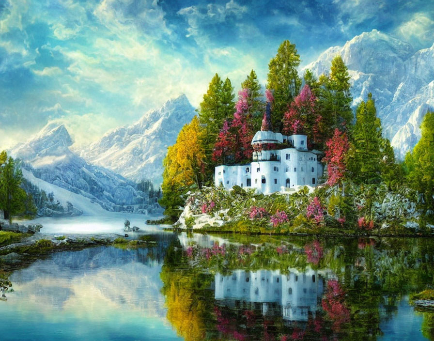 Castle surrounded by vibrant foliage on island with snowy mountains and lake reflection