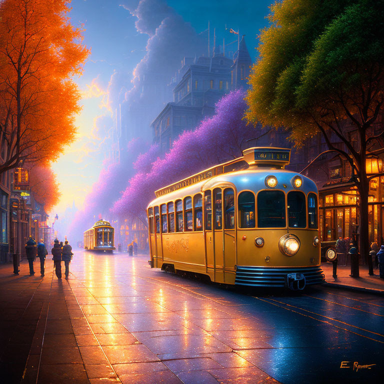 Vintage golden tram on vibrant city street with autumn trees and street lamps at dusk