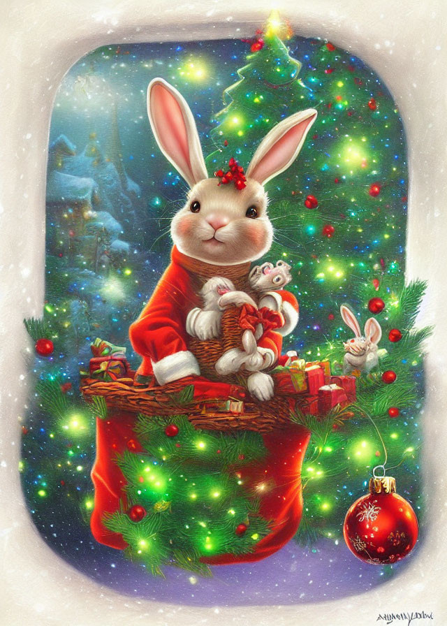 Festive rabbit illustration with holiday theme and Christmas gifts