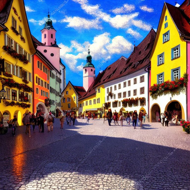 Colorful Street Scene with People and Flowers Under Blue Sky