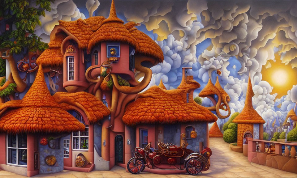 Whimsical mushroom-shaped houses in surreal landscape